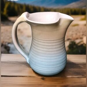 Vintage JK Dryden Original Pottery Ribbed Pitcher Pastel Yellow & Blue 1991